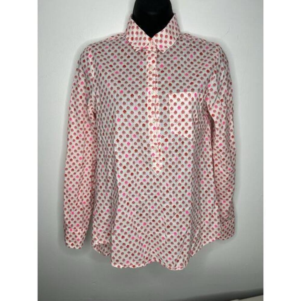 J.Crew Camp Popover Button Down Blouse Red Pink Flower Bud Sz 00